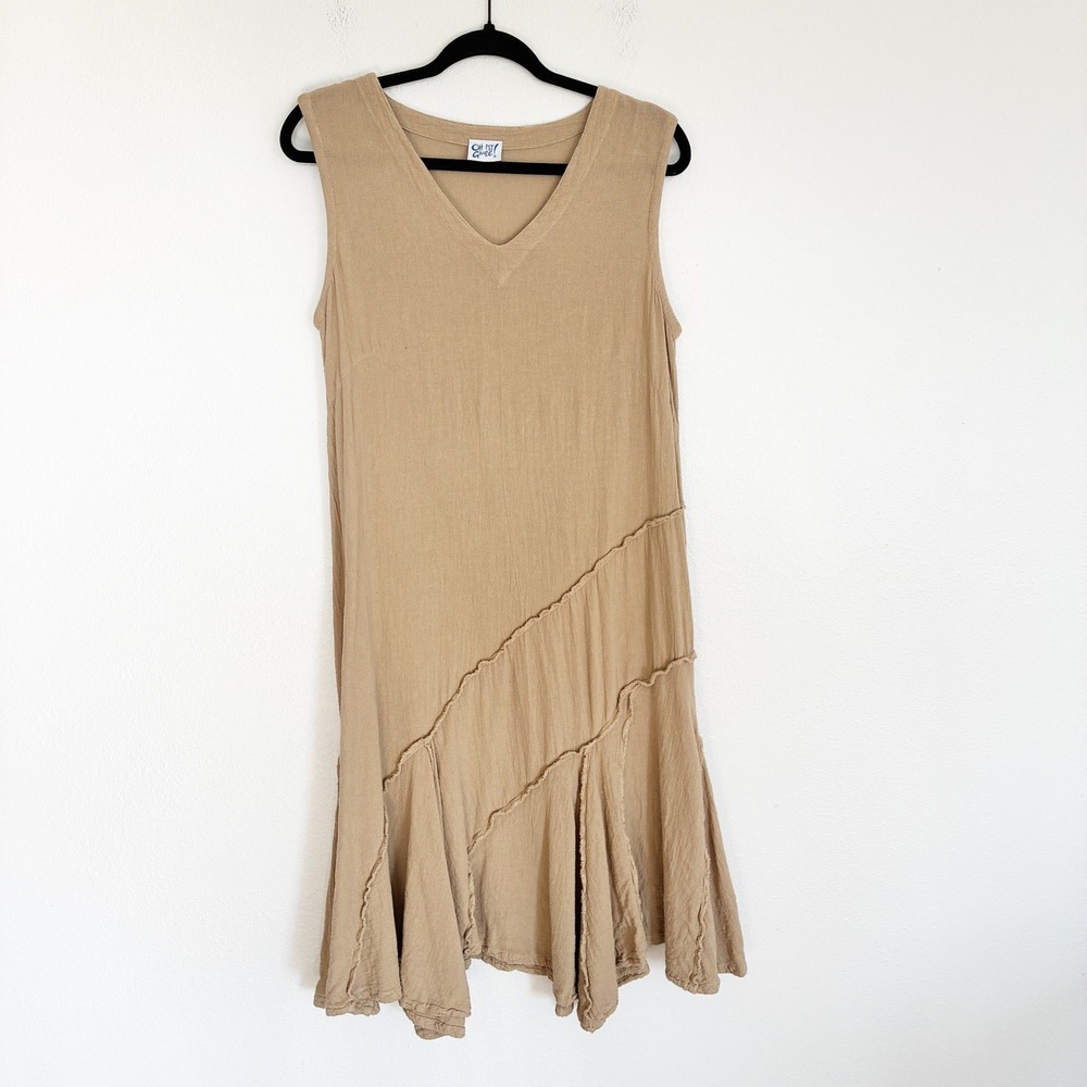 Oh My Gauze Midi Dress Women 1 S/M Tan Cotton Sleeveless V-Neck Tiered Raw Hem